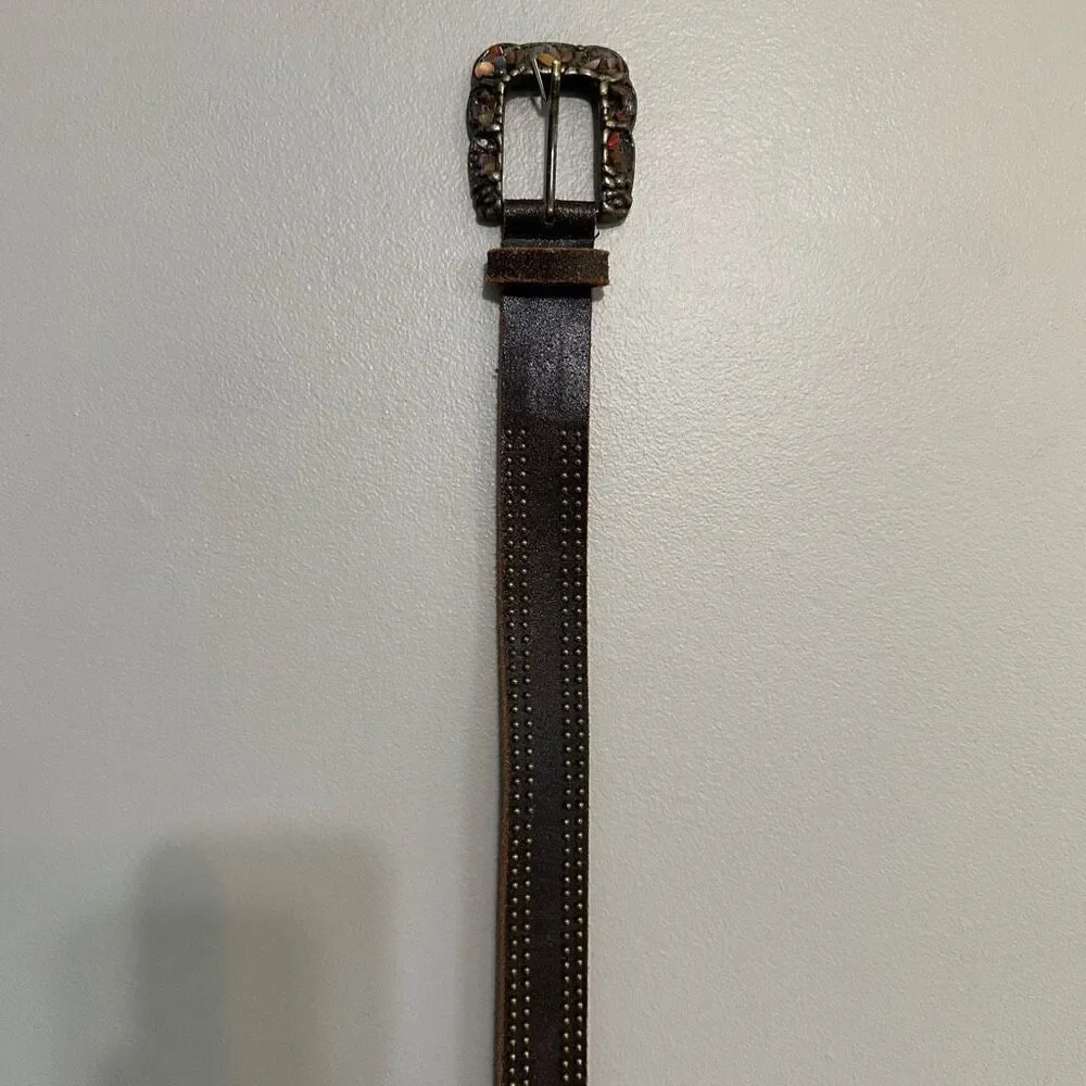 Brown leather belt with brass detail and rock buckle size m/l